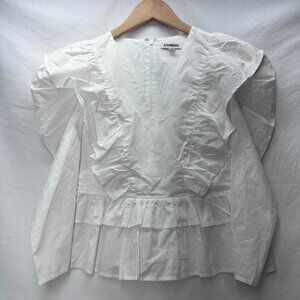 Express Blouse Crisp White Deep VNeck Ruffle Trim Bubble Shoulder Zip Closure XS